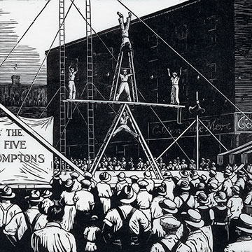 black and white print of 5 men performing stunts on ladders in front of an audience
